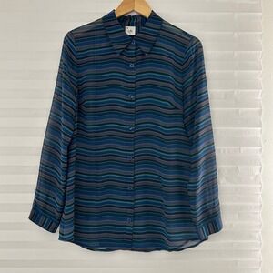 Cabi 5116 Siren Top Blue Striped Sheer Split Back Button Down Blouse Womens M